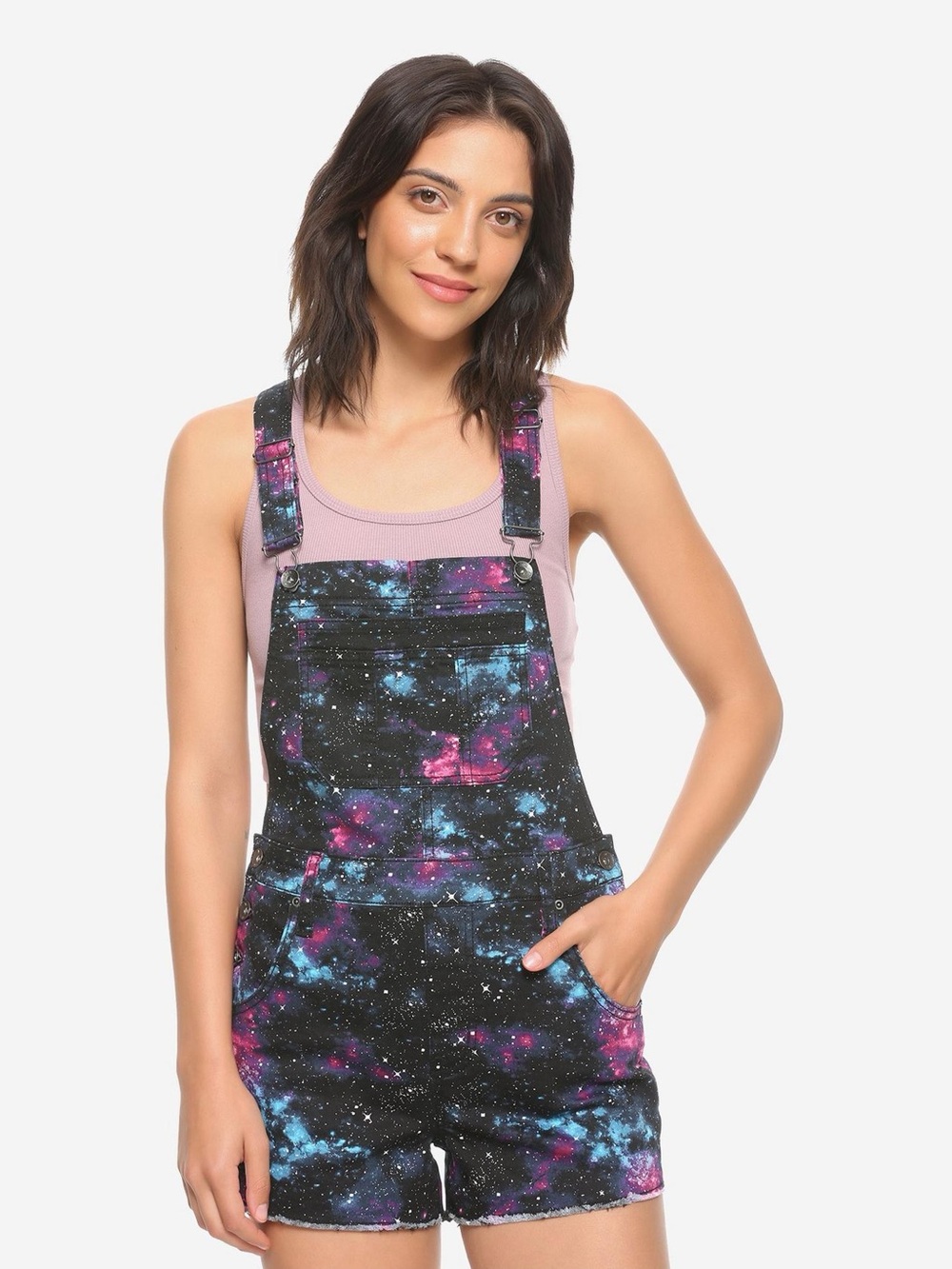 Hot Topic HT Denim Shortall Galaxy Star print women’s size L EUC stretch unique